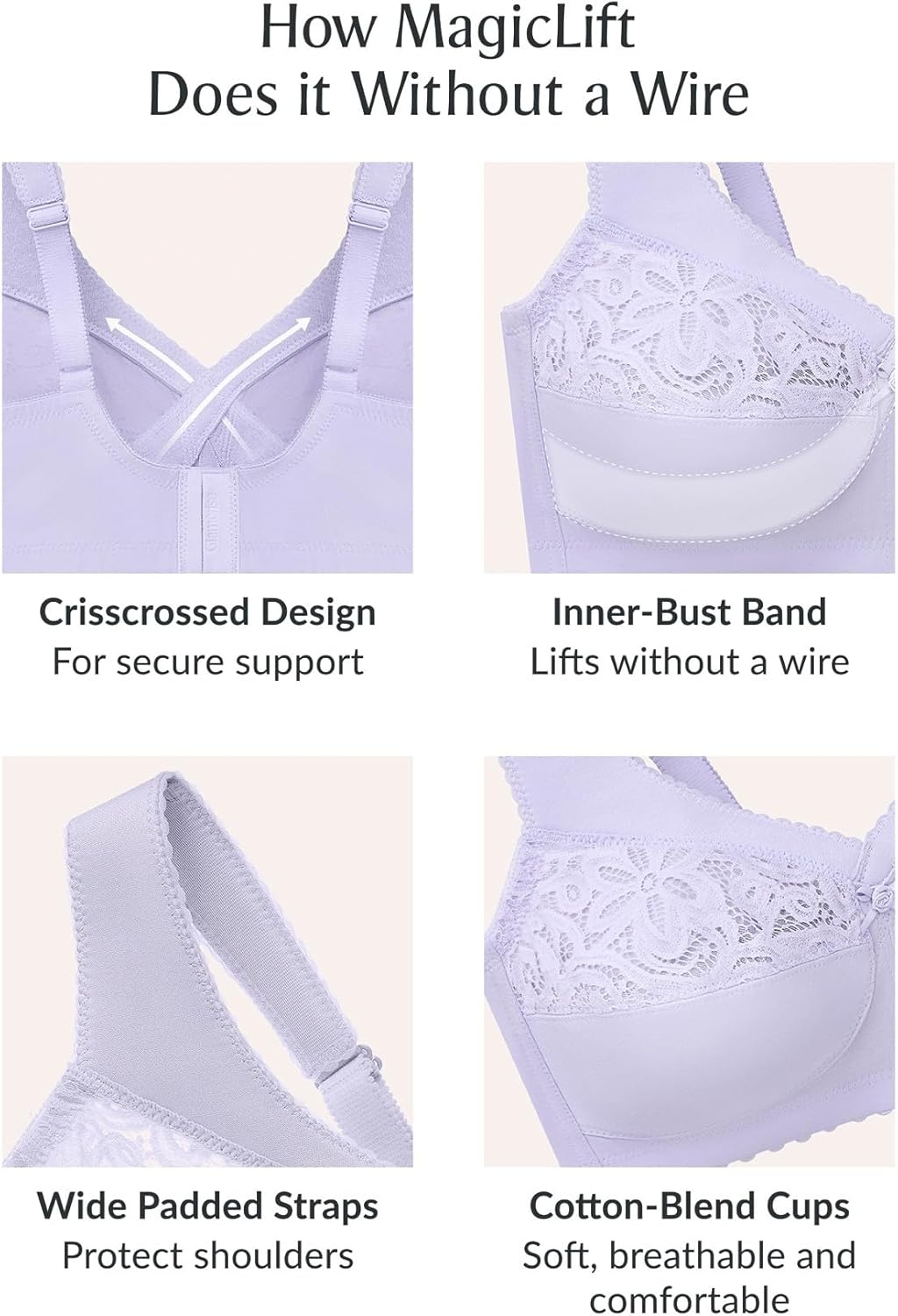 image:imageGlamorise Womens MagicLift Cotton Support Bra Wirefree 1001Lilac