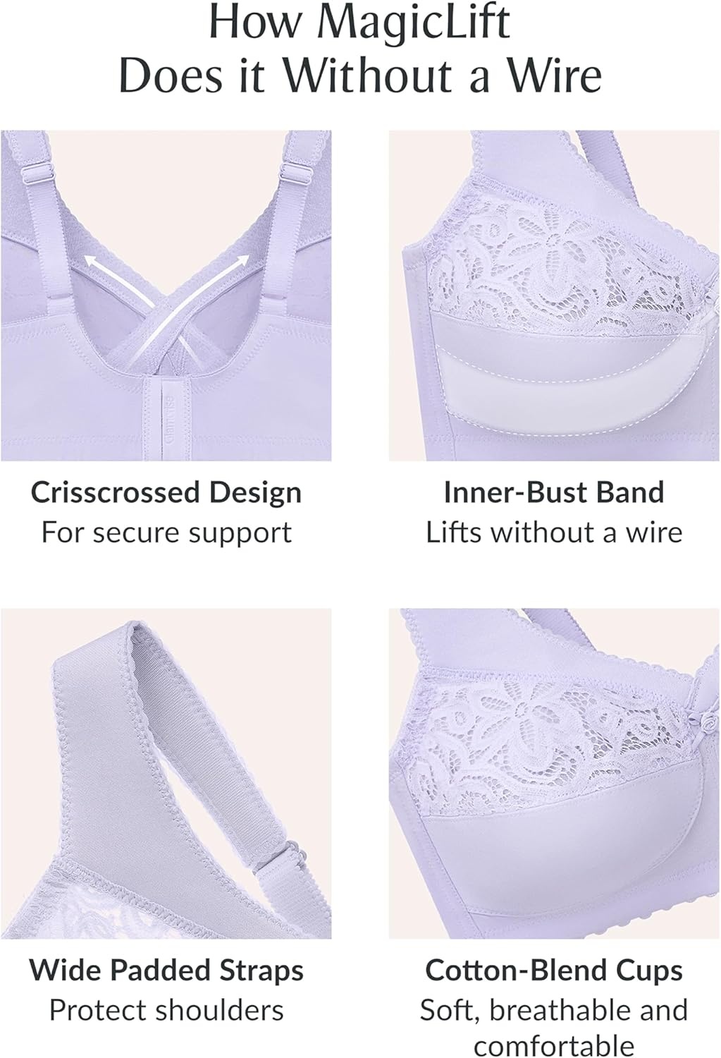 image:imageGlamorise Womens MagicLift Cotton Support Bra Wirefree 1001Pale Pink