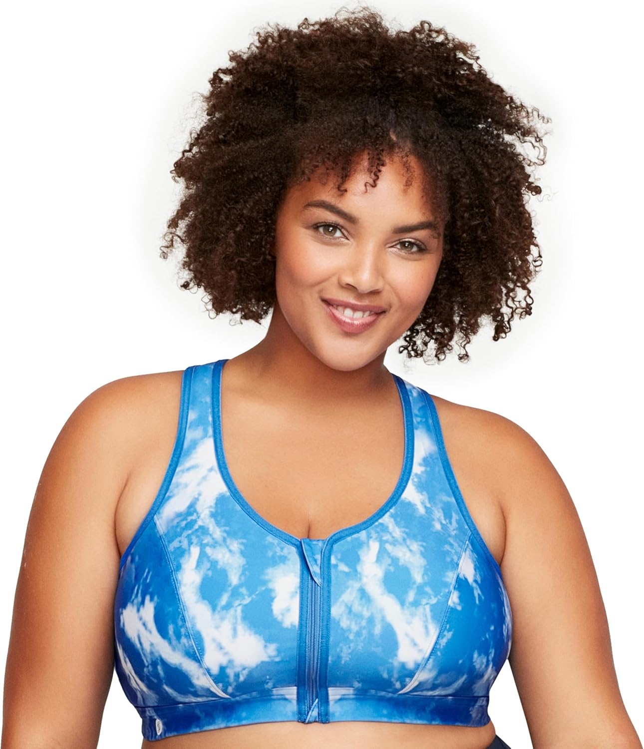 image:imageGlamorise Womens Zip Up FrontClose Sports Bra Wirefree 9266Blue Tiedye