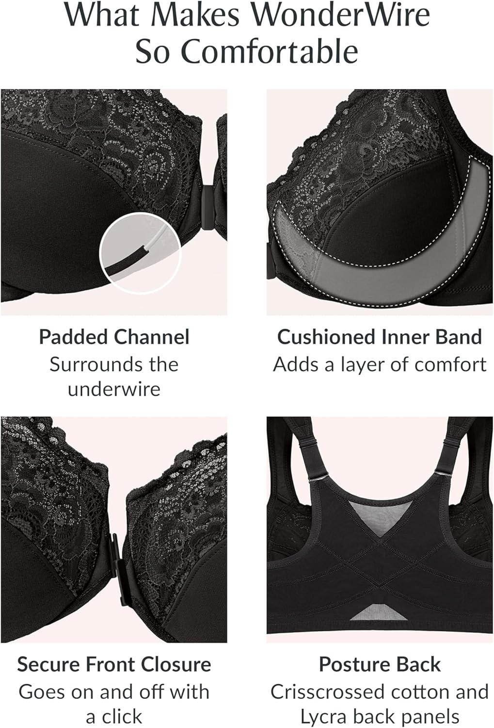 image:imagePosture Back FrontClosure Plus Size Wonderwire Lace Bra Underwire 1255Black