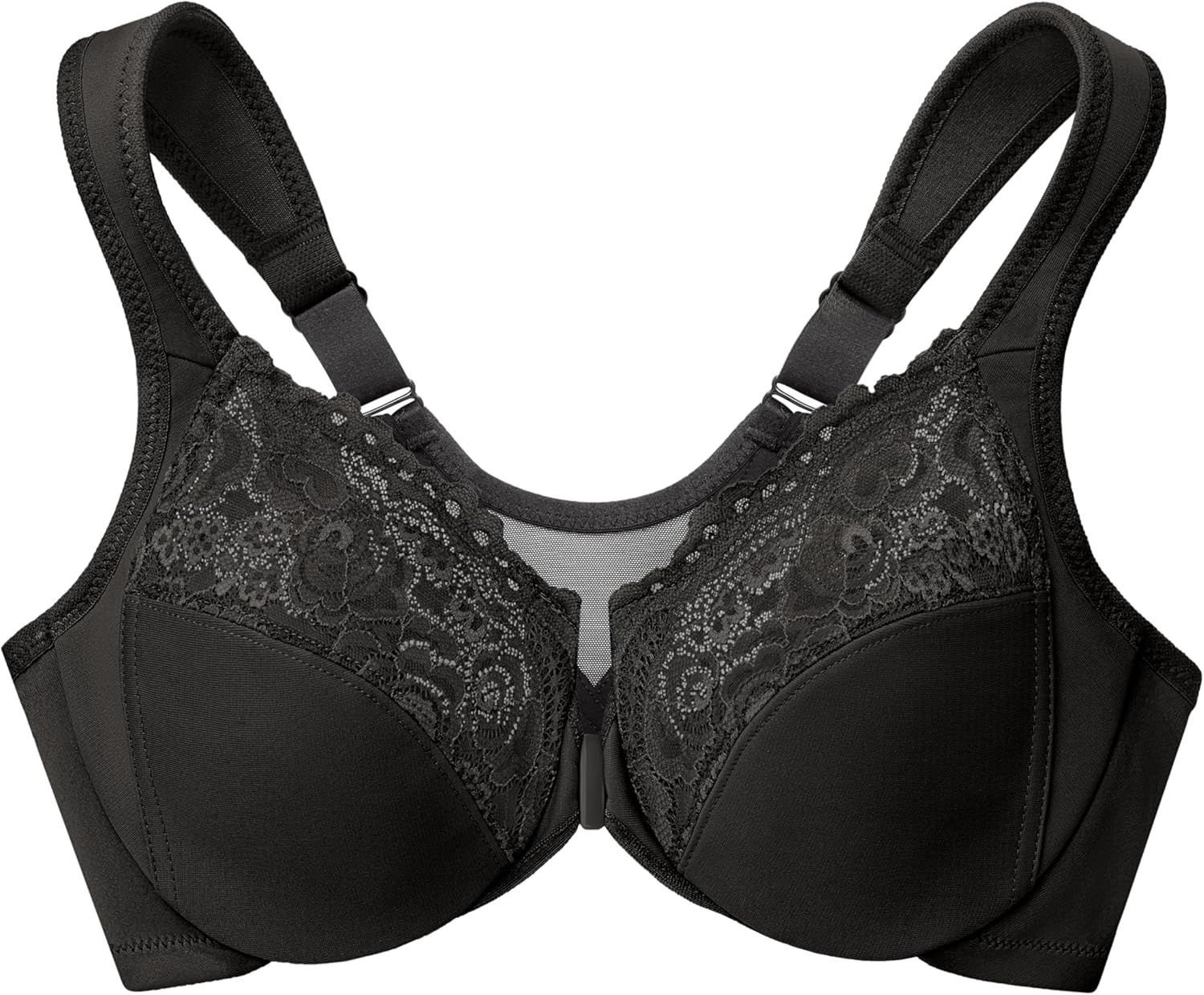 image:imagePosture Back FrontClosure Plus Size Wonderwire Lace Bra Underwire 1255Black