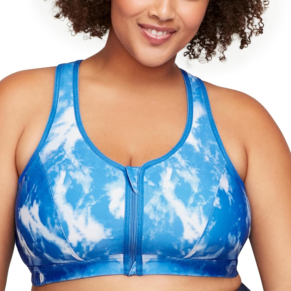 image:imageGlamorise Womens Zip Up FrontClose Sports Bra Wirefree 9266Blue Tiedye