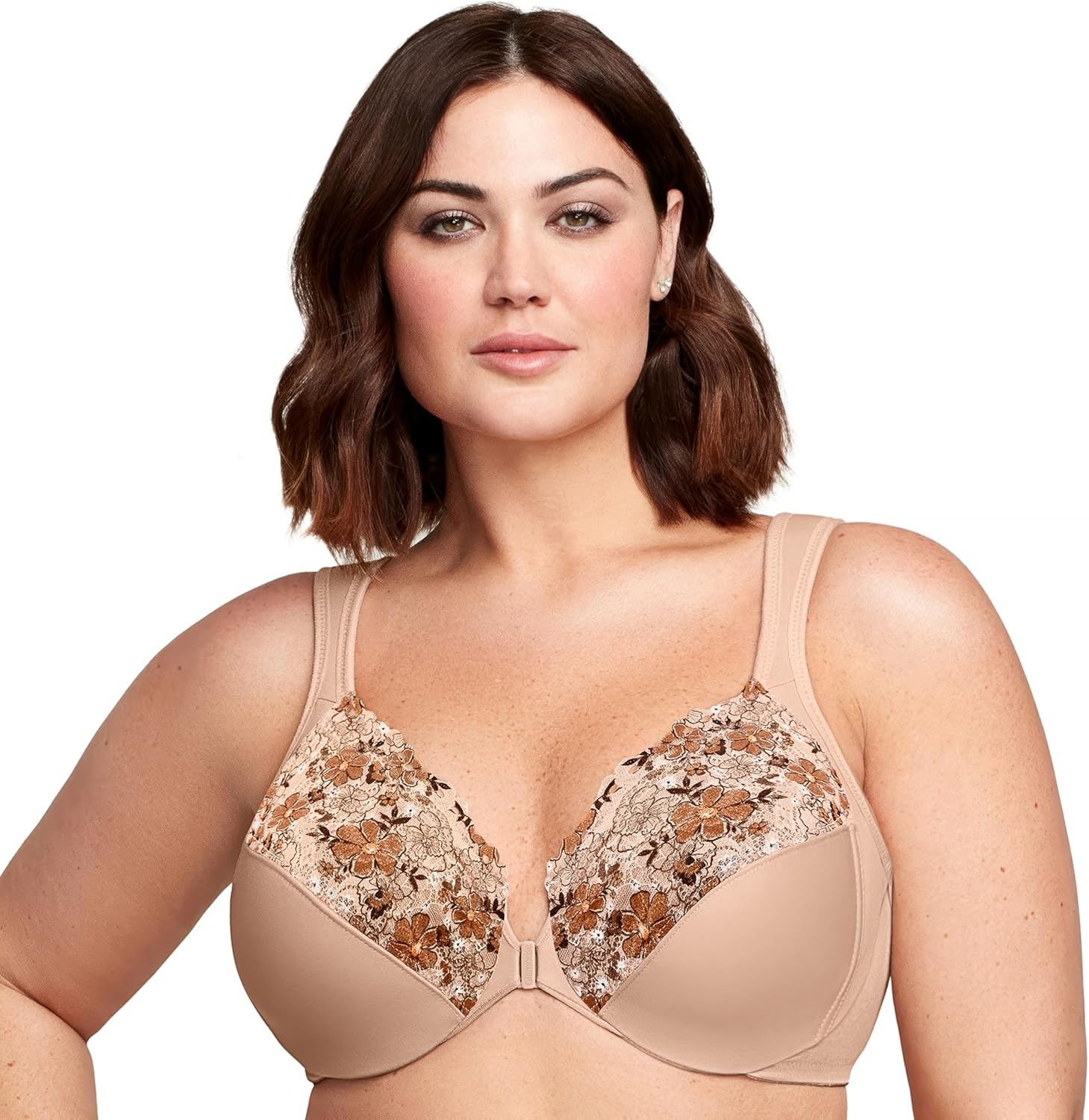 image:imageGlamorise Full Figure Plus Size Wonderwire FrontClosure Bra Underwire 1245Caf Print