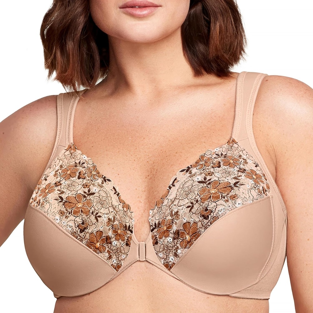 image:imageGlamorise Full Figure Plus Size Wonderwire FrontClosure Bra Underwire 1245Caf Print