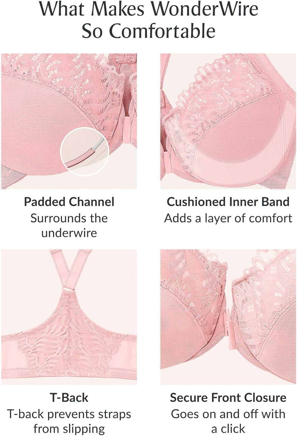 image:imageGlamorise Womens FrontClose TBack Wonderwire Underwire 1246Pink Blush