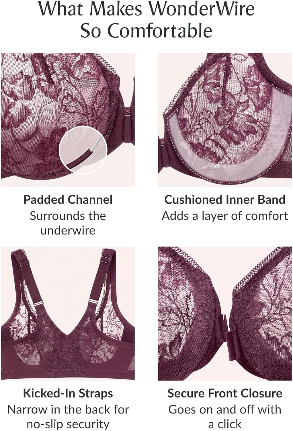 image:imageGlamorise Womens Lacey TBack Wonderwire Bra Underwire 9246Black