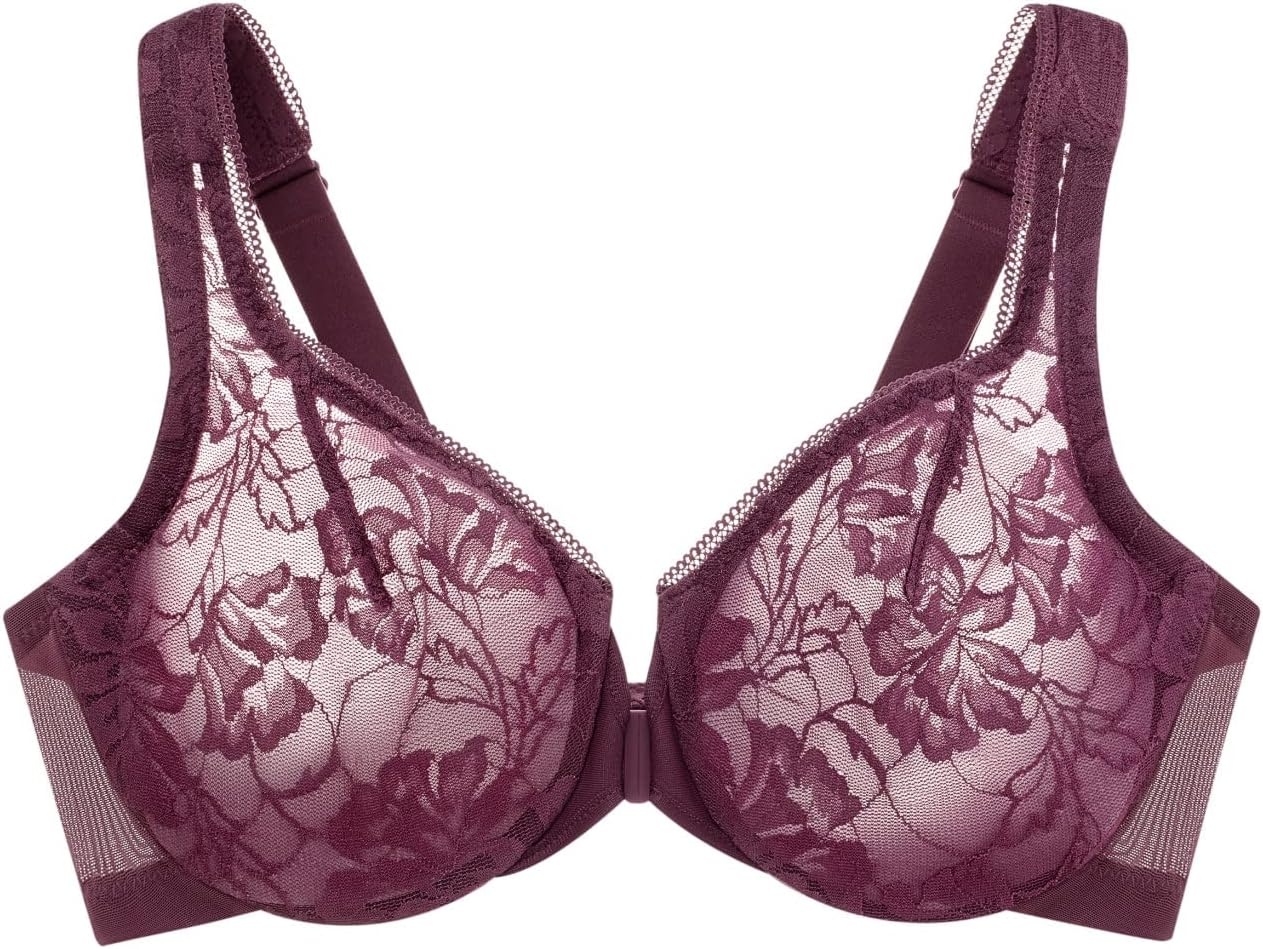 image:imageGlamorise Womens Lacey TBack Wonderwire Bra Underwire 9246Black Plum