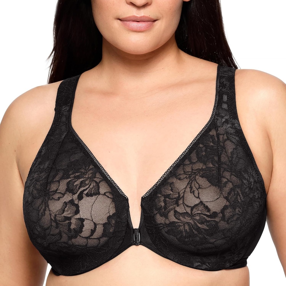 image:imageGlamorise Womens Lacey TBack Wonderwire Bra Underwire 9246Solid Black